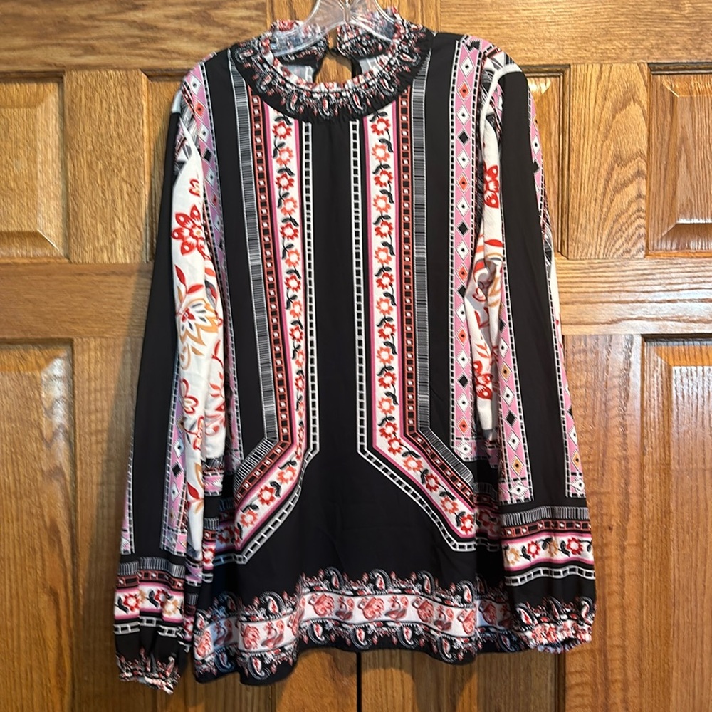 Boho Floral Border-Print Long Sleeve Top - Black & Pink